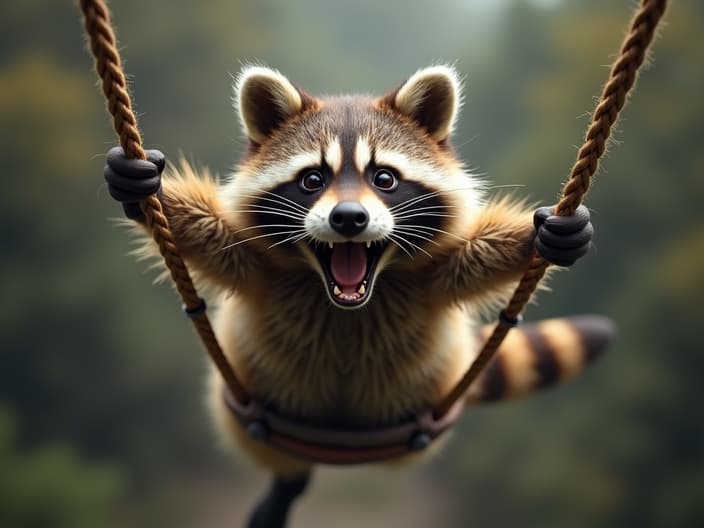 Action shot of a raccoon mid-bungee jump, exhilarated expression, dramatic background