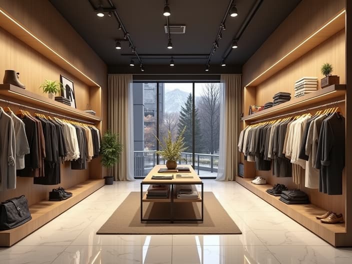 Affordable fashion store interior, budget-friendly clothing display