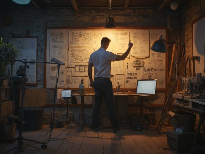 Ambitious man with a vision board in a studio setting, aspirational lighting