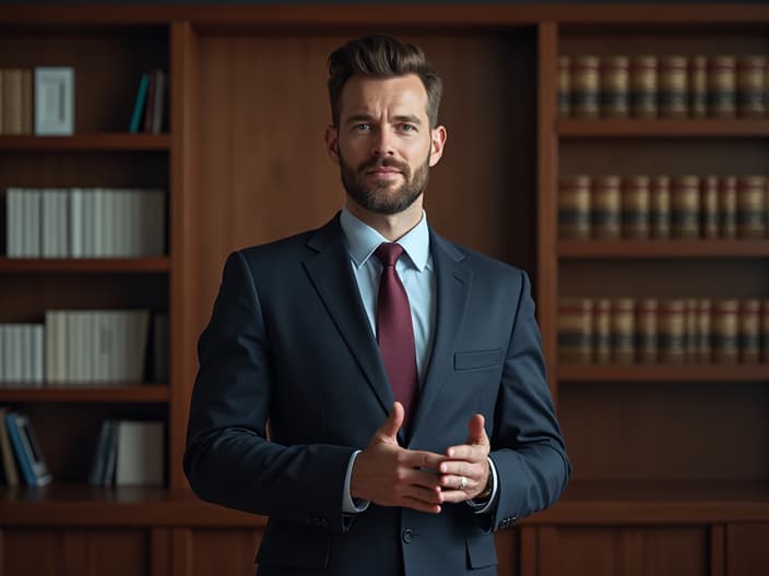 Anti-trust lawyer presenting anti-trust strategy, law office background, professional headshot