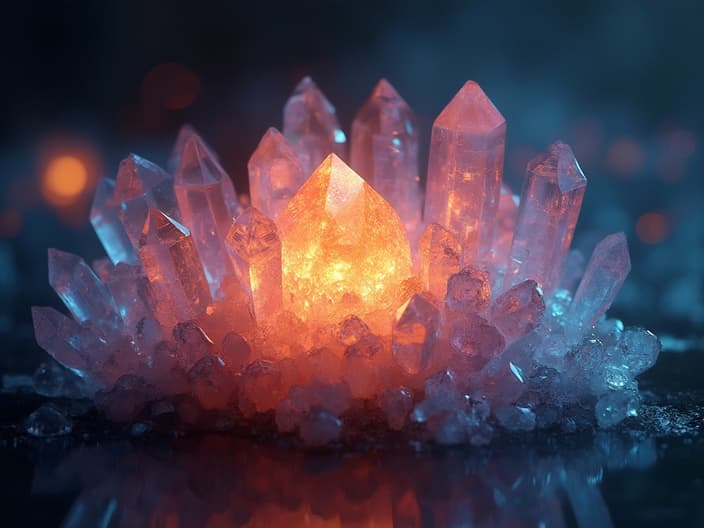 Array of crystals with one glowing brightly, macro studio photography