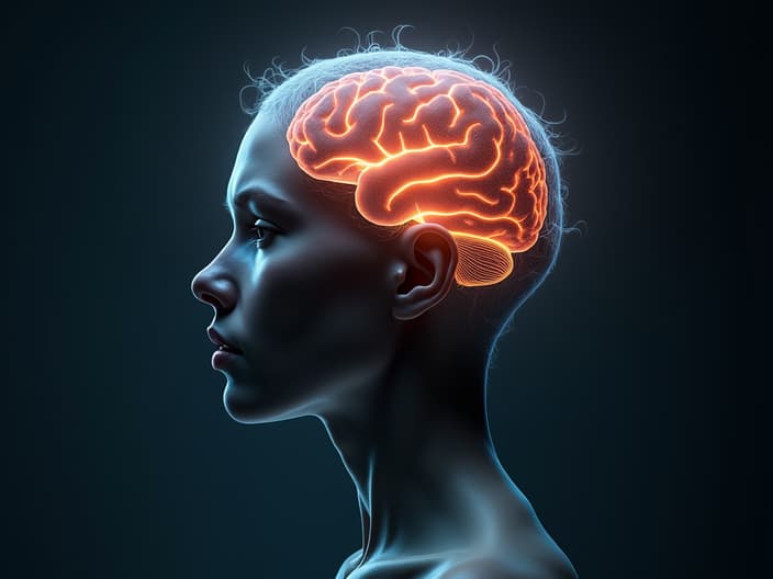 Artistic studio portrait of a person with a glowing brain, symbolizing consciousness