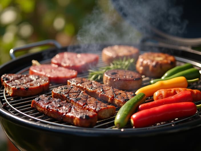 Assorted meats and vegetables on a backyard grill, friends gathering