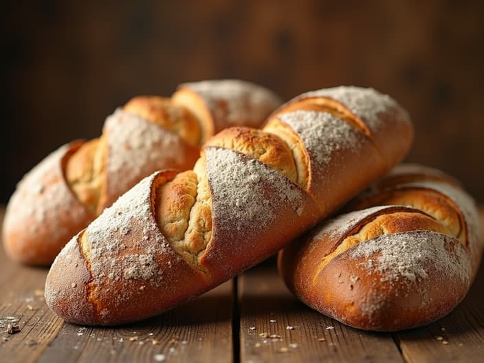 Assortment of whole grain breads and rolls, with a focus on fiber-rich options