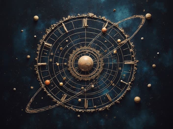 Astrological chart with planets in motion, cosmic studio setup