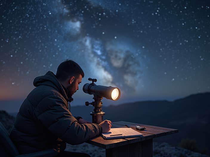 Astronomer using a telescope and making calculations to measure stellar distance