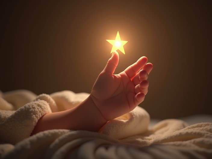 Baby's hand reaching for a star, soft studio lighting, baby theme