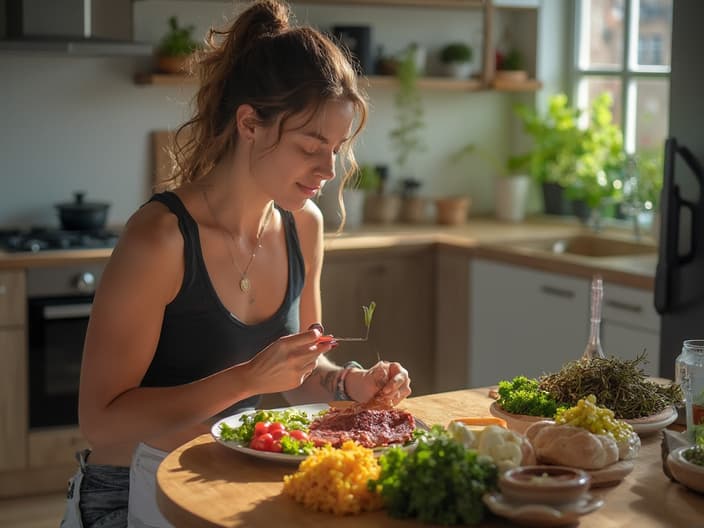 Balanced post-workout meal with protein, carbs, and vegetables, nutritionist explaining