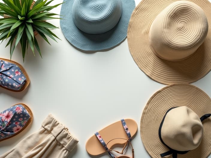 Beach vacation packing essentials, resort wear, travel flatlay