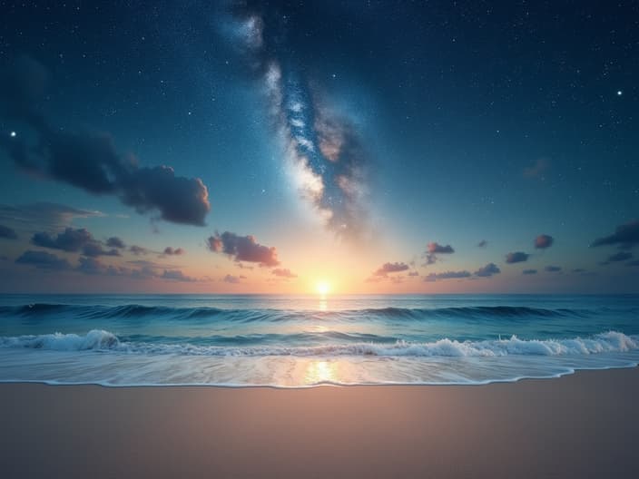 Beach with a starry sky and zodiac symbols, soft focus studio shot, vacation theme