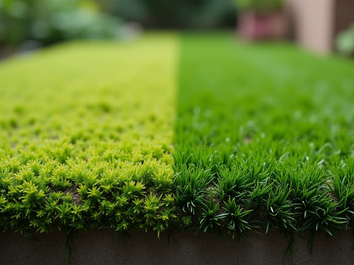 Before and after comparison of a lawn with moss and without, close-up studio shot