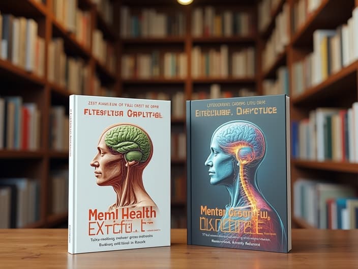 Books about mental health and exercise displayed, bookstore setting