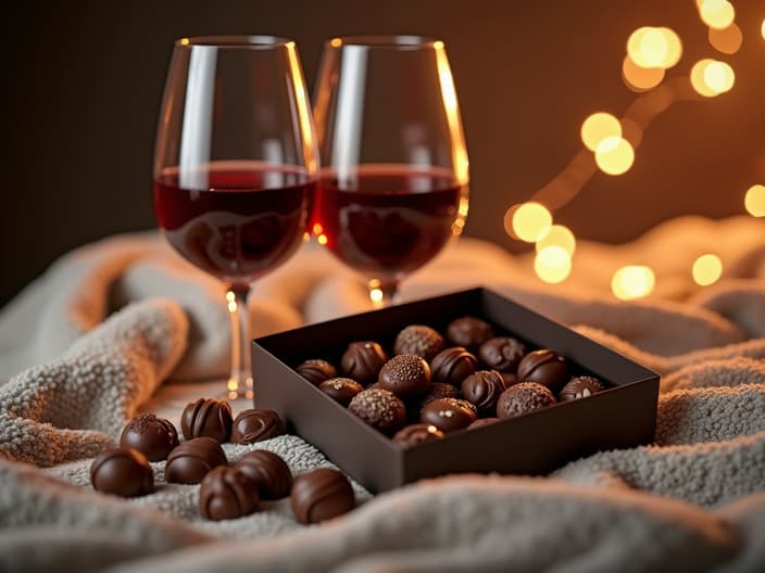 Box of chocolates and two wine glasses on a cozy blanket, warm lighting