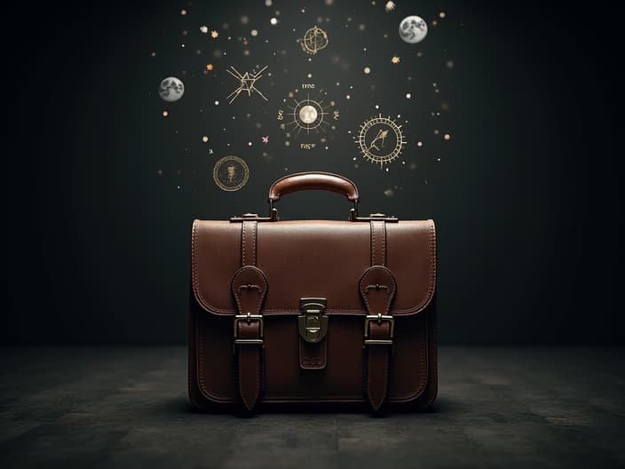 Briefcase emitting astrological symbols, professional studio lighting, corporate setting