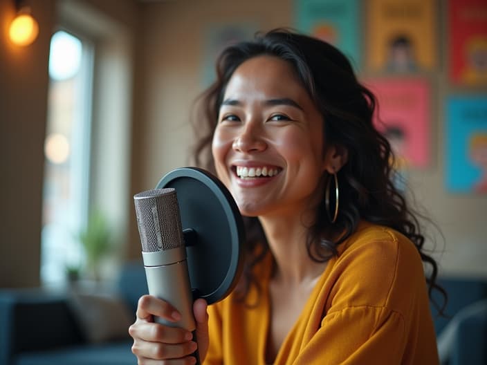 Bright studio portrait of a smiling person confidently speaking into a microphone, language learning posters in background