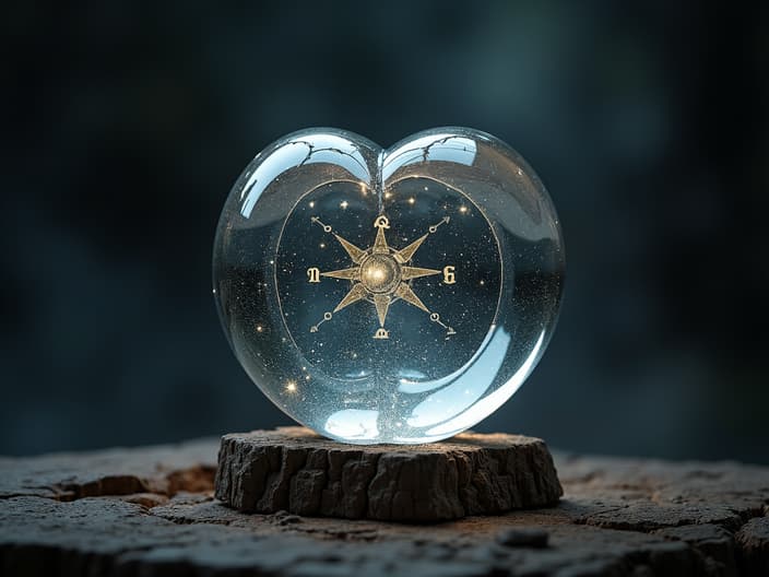 Broken heart-shaped crystal ball with zodiac symbols inside, moody studio lighting