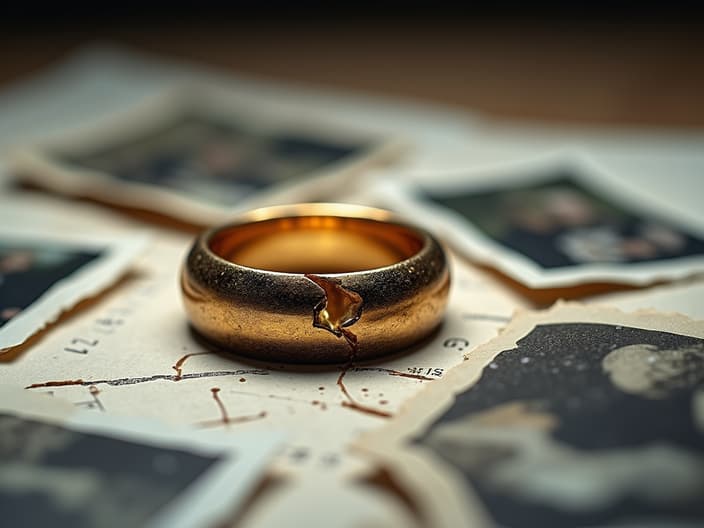 Broken wedding ring with evidence photos scattered around, divorce papers in focus