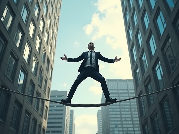 Business owner balancing on tightrope between skyscrapers, carrying heavy 'DEBT' weight