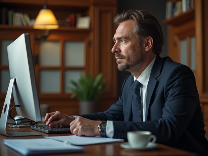 Business owner contemplating loan options, bank interior, professional portrait