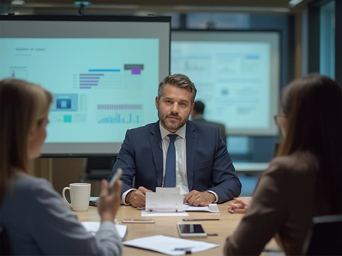 Business professional preparing presentation materials, boardroom setting