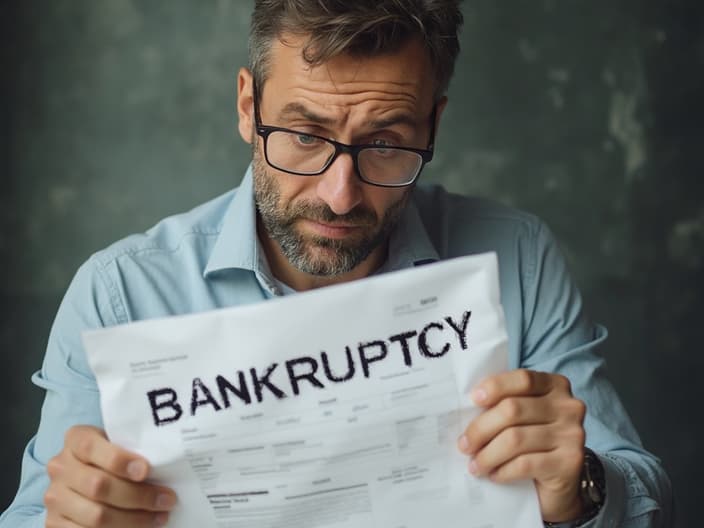 Businessman looking worried at 'BANKRUPTCY' stamp on financial documents