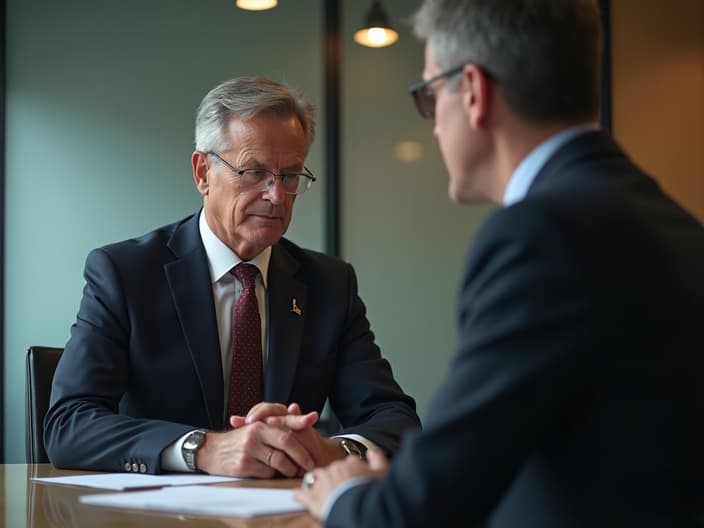 Businessperson in negotiation with bank representative, corporate meeting room, studio lighting