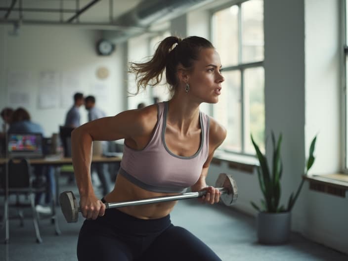 Busy professional squeezing in a quick workout during lunch break, office setting in background