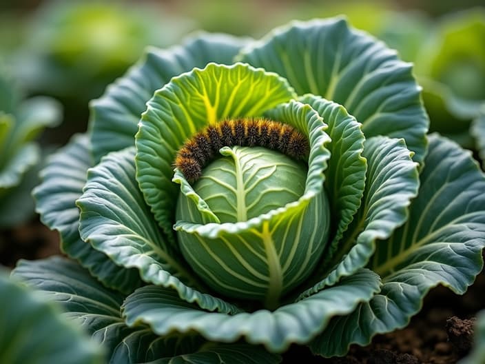 Cabbage plants with caterpillars, natural and chemical solutions, outdoor setting with studio lighting