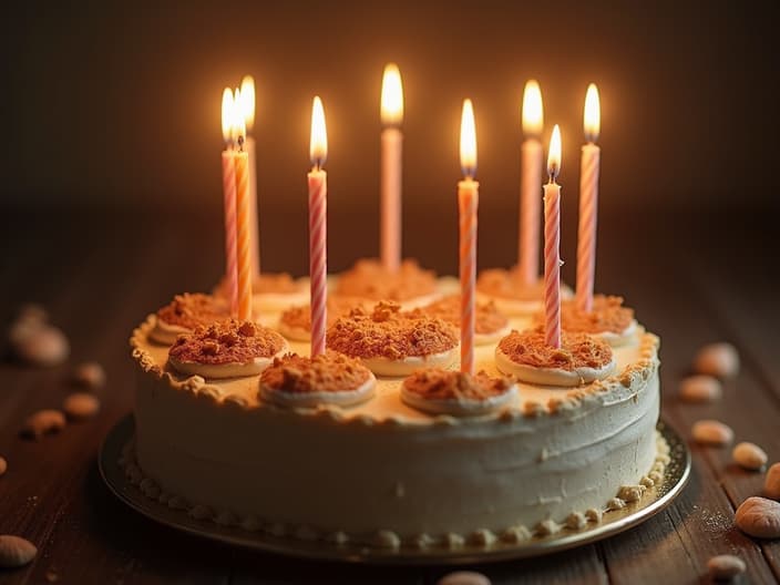 Cake with floating candles and zodiac symbols, soft focus studio shot, celebration theme