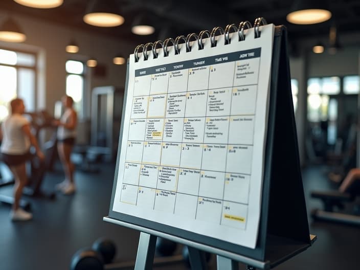 Calendar with workout schedule, fitness equipment in background