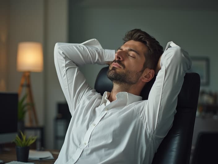 Calm man demonstrating relaxation techniques in a office-themed studio setting