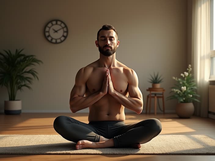 Calm man practicing deep breathing in a serene studio environment