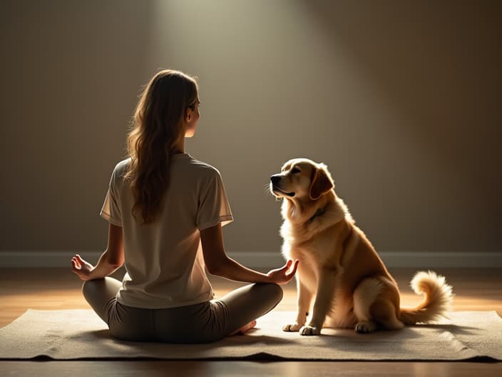 Calming studio portrait of a person meditating with a peaceful Golden Retriever, zen atmosphere