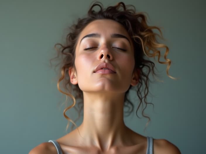 Calming studio portrait of a person practicing deep breathing, serene expression