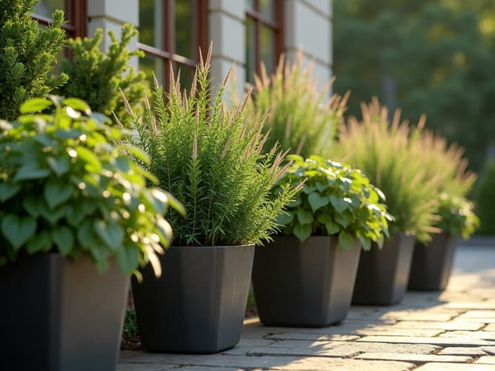 Caring for plants in planters, watering and maintenance techniques, outdoor setting with studio lighting