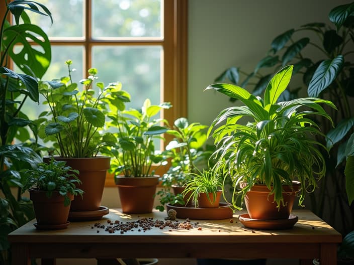 Caring for plants while on vacation, watering and light schedules, indoor setting with studio lighting