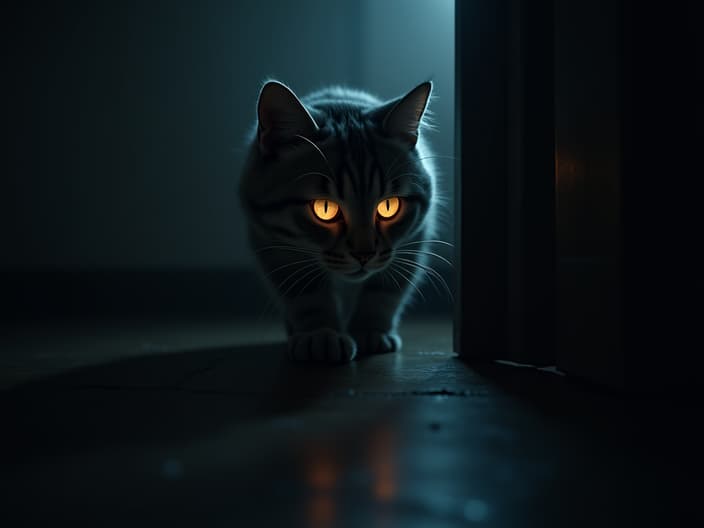 Cat's glowing eyes in a dark room, mysterious atmosphere