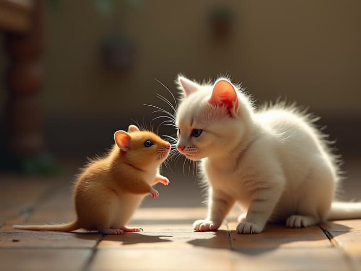 Cat and hamster interacting, potential for curiosity or indifference