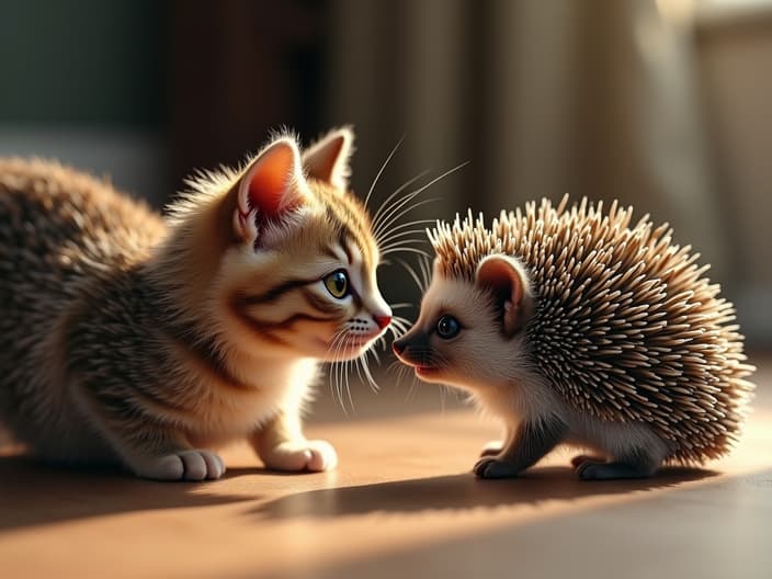 Cat and hedgehog interacting, potential for curiosity or fear