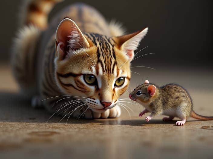 Cat and mouse interaction, potential for play or predation