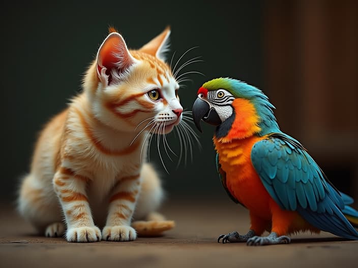 Cat and parrot interacting, potential for fear or curiosity