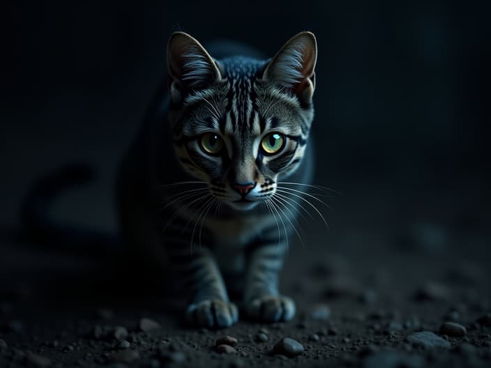 Cat being active at night, dark background, nocturnal lifestyle