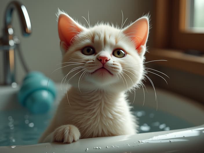 Cat being bathed, mix of curiosity and slight discomfort