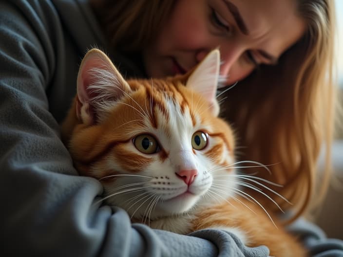 Cat cuddling with a person, close-up shot, emotional connection