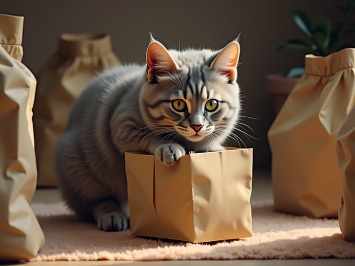 Cat exploring boxes and bags, curious behavior