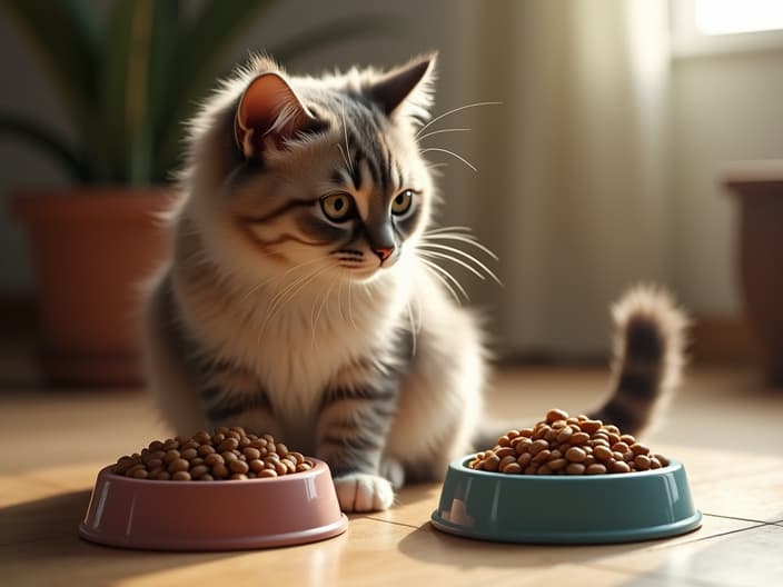 Cat food bowls with wet and dry food, cat looking interested