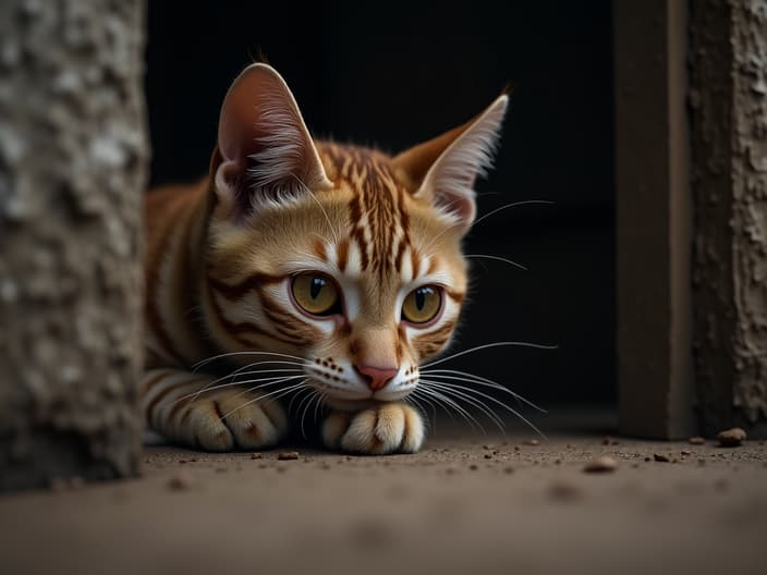 Cat hiding or cowering in response to fear, uncertain situation