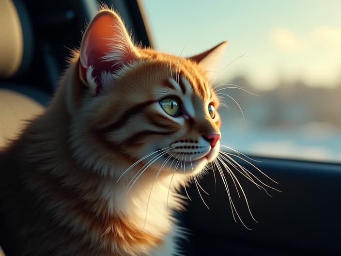 Cat in a car or on a trip, potential for motion sickness or enjoyment