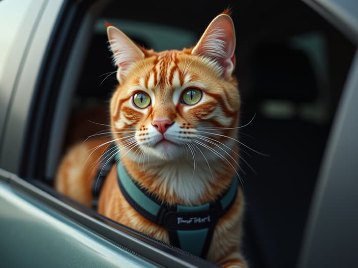 Cat in a carrier or harness, potential for comfort or anxiety