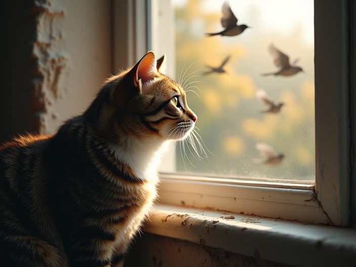 Cat intently watching birds through a window